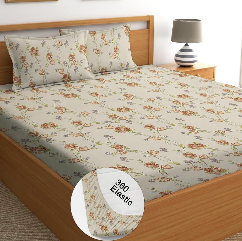 STARNSTYLE 100% Cotton Super Soft 240 Thread Count Elastic Fitted King Size Bedsheet with 2 Pillow Covers - Floral Design - Image 1